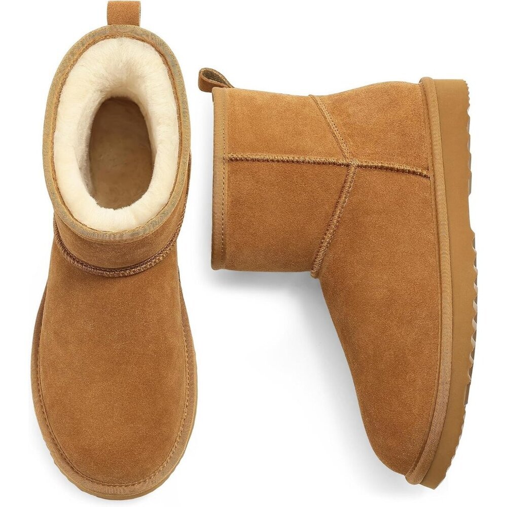 Women Genuine Suede Boots Warm Fuzzy Boots Snow Boots with Fur Lined Chestnut